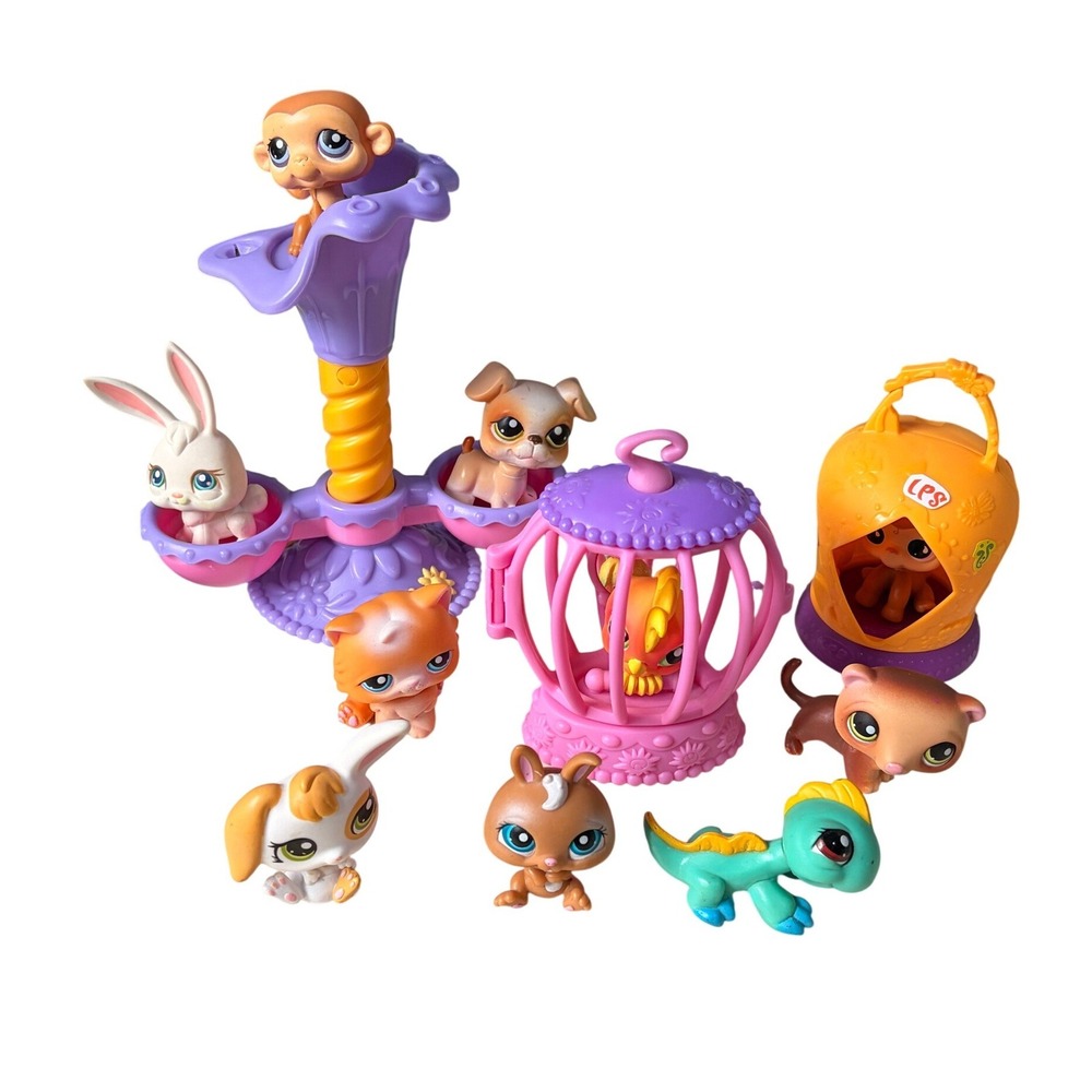 Hasbro Littlest Pet Shop 13pc LPS Figure Lot with Carousel Birdcage and Carrier